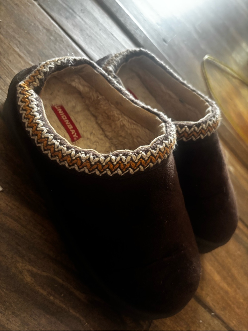 UNIONBAY Brown Plush-Lined Slip-On Slippers with Woven Trim